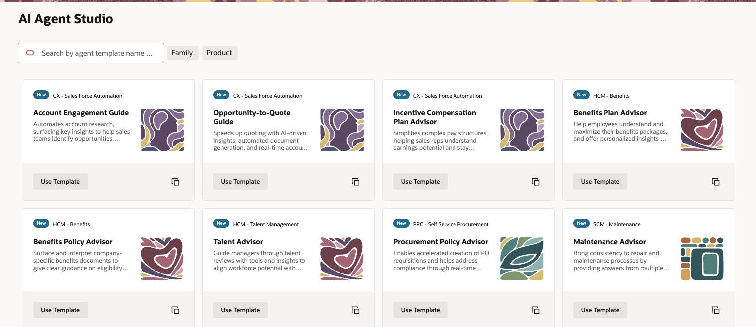 Oracle AI Agent Studio template gallery, showing agent and team templates such as Procurement Policy Advisor and Sales Quote Generation