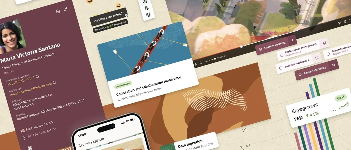 Oracle Redwood design components: cards, charts, a mobile screen, and a profile panel
