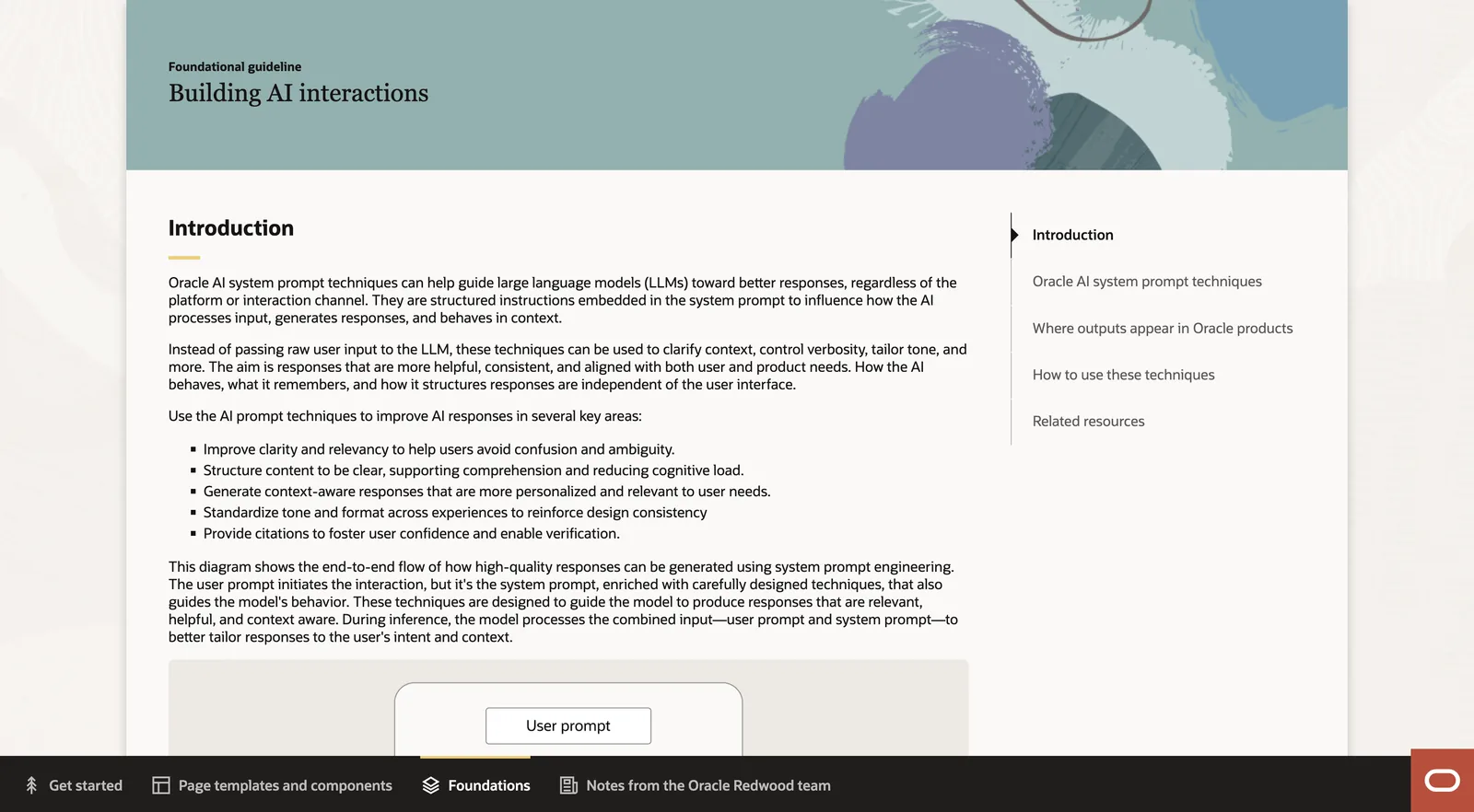 The published guideline, Building AI interactions, on the Oracle Redwood site, showing its introduction and the key areas where prompt techniques improve responses