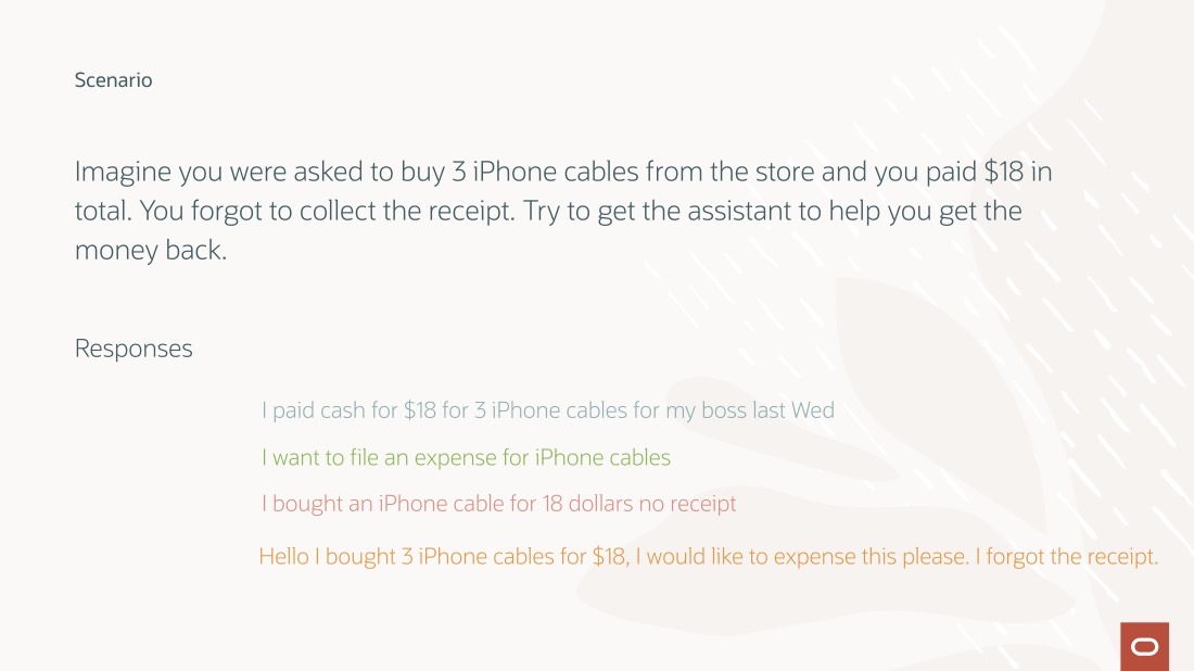 A scenario slide: buy three iPhone cables, forget the receipt, ask the assistant for help, with varied responses