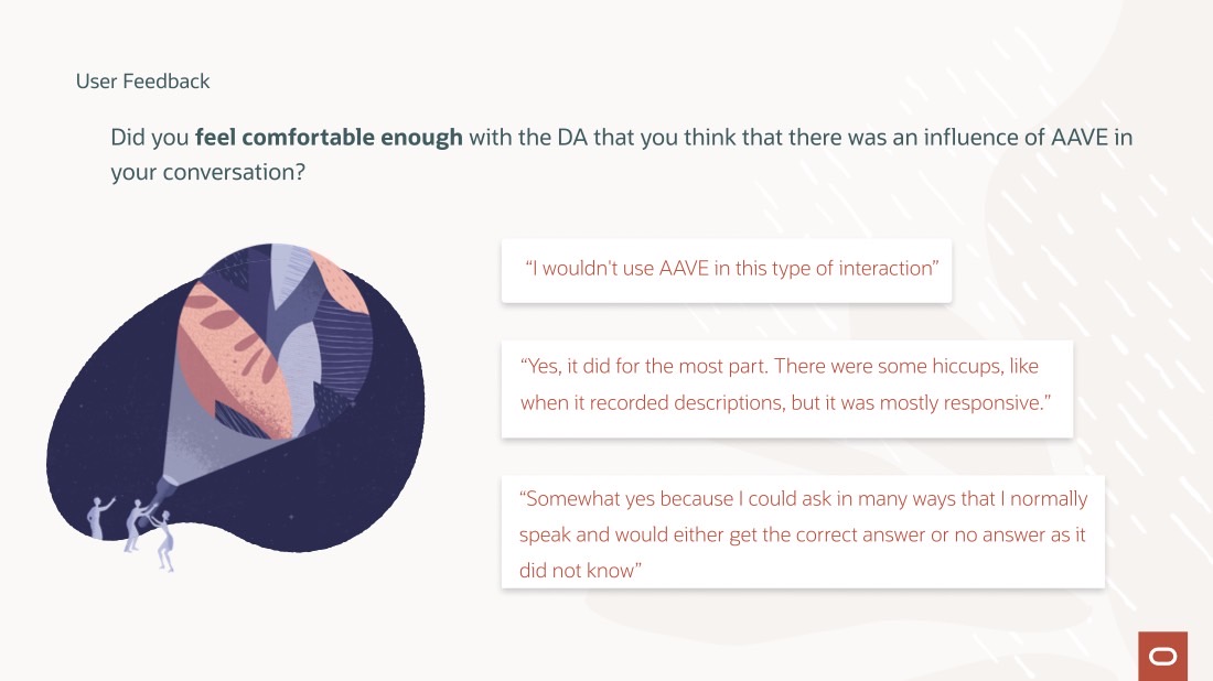 User feedback slide with participant quotes about using AAVE with the assistant