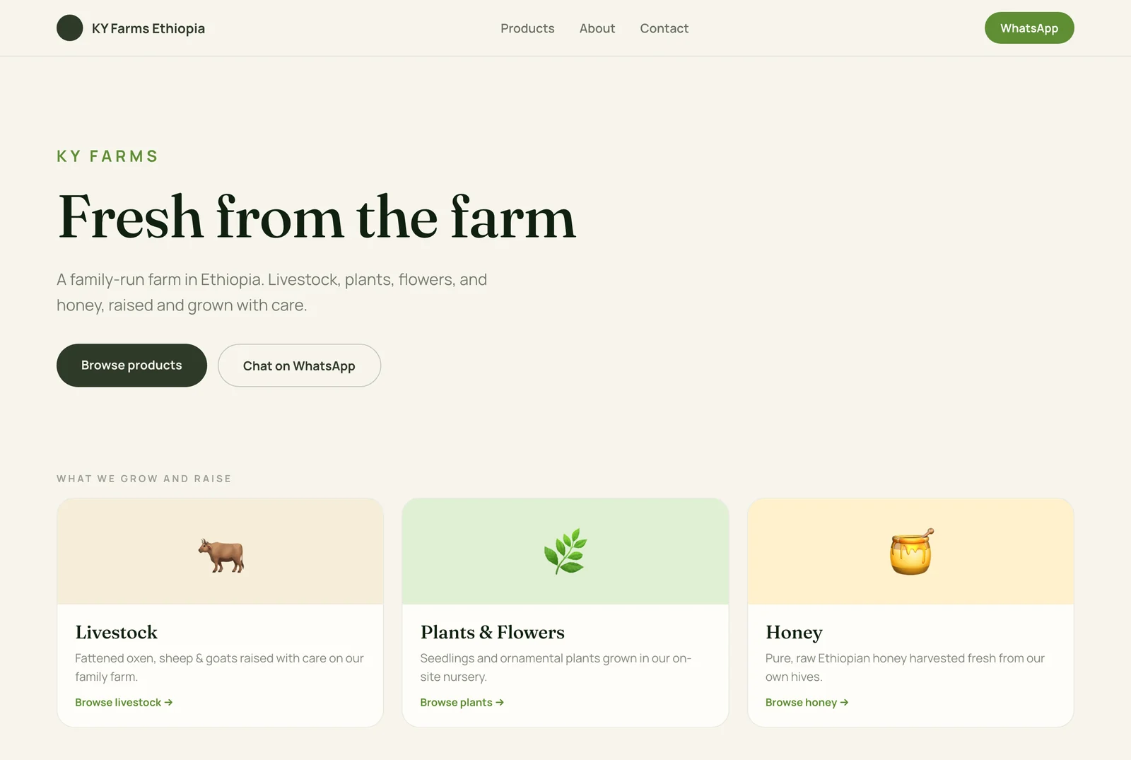 The storefront home page: Fresh from the farm, with three category cards